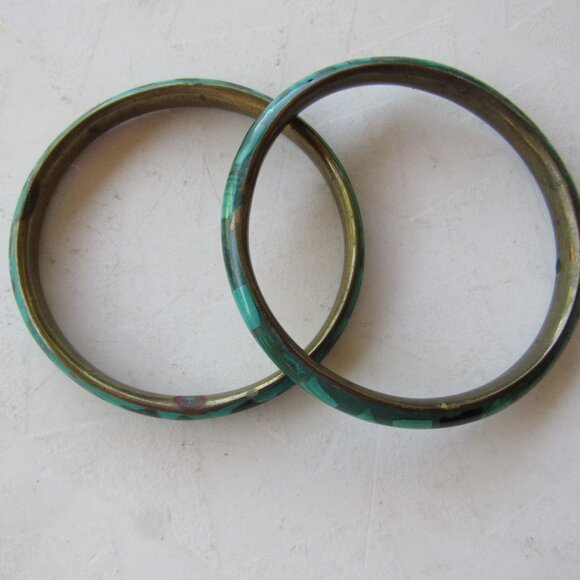 Set of 2 Green Malachite Stone and Brass Bangles - Picture 3 of 4